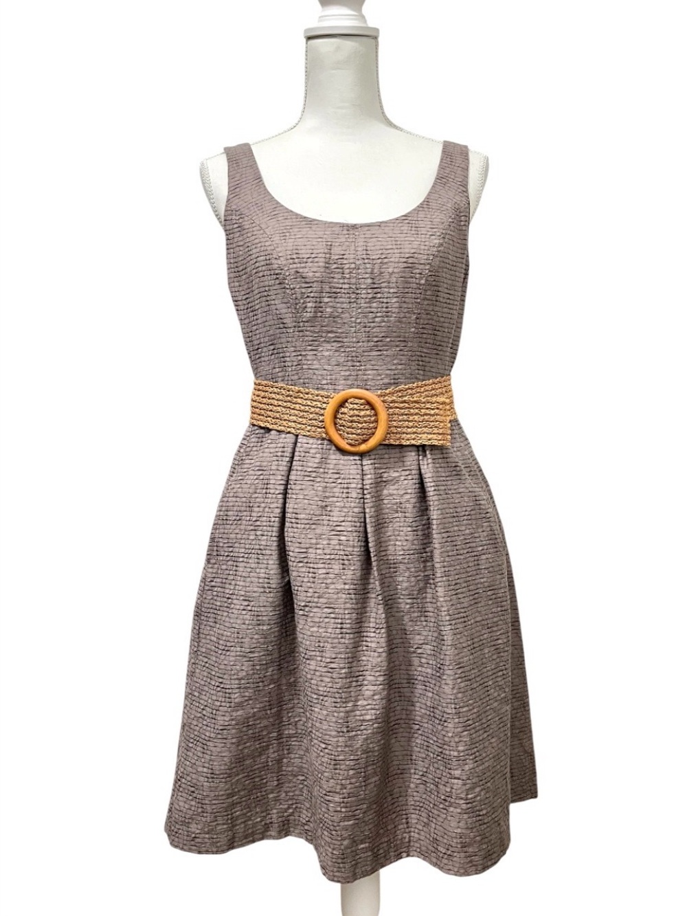 Nine West Taupe Textured Fit-and-Flare Dress with Woven Belt